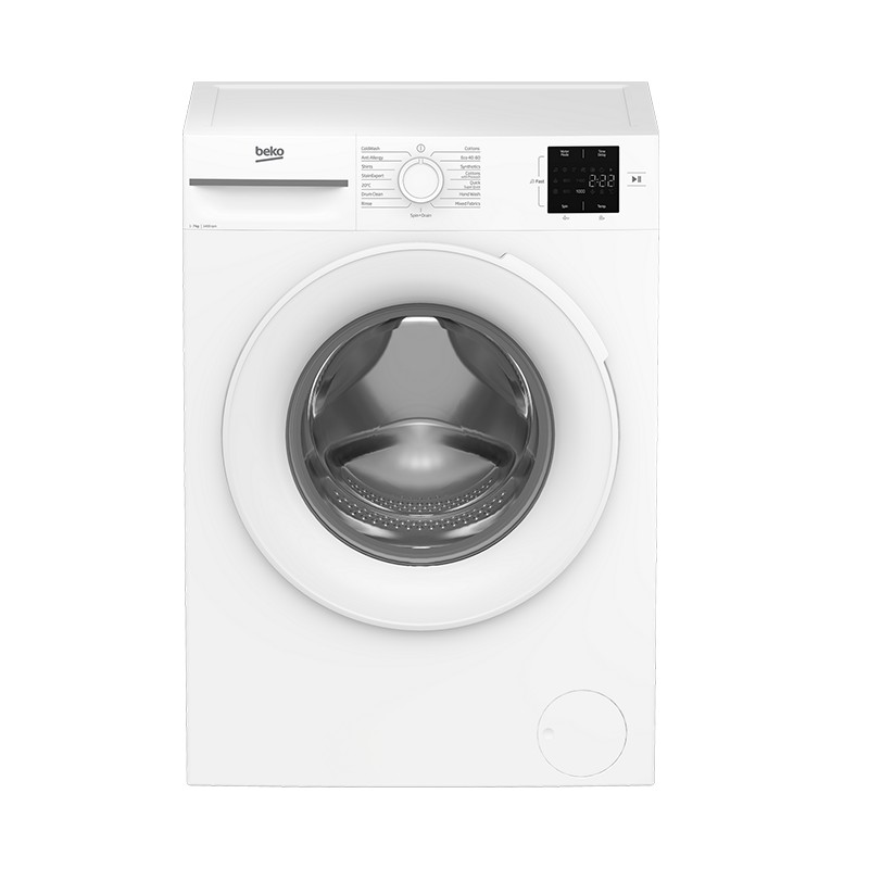 White Beko washing machine with a 7kg capacity, 1400 RPM spin speed, a front-loading design, and a digital control panel featuring various wash settings.
