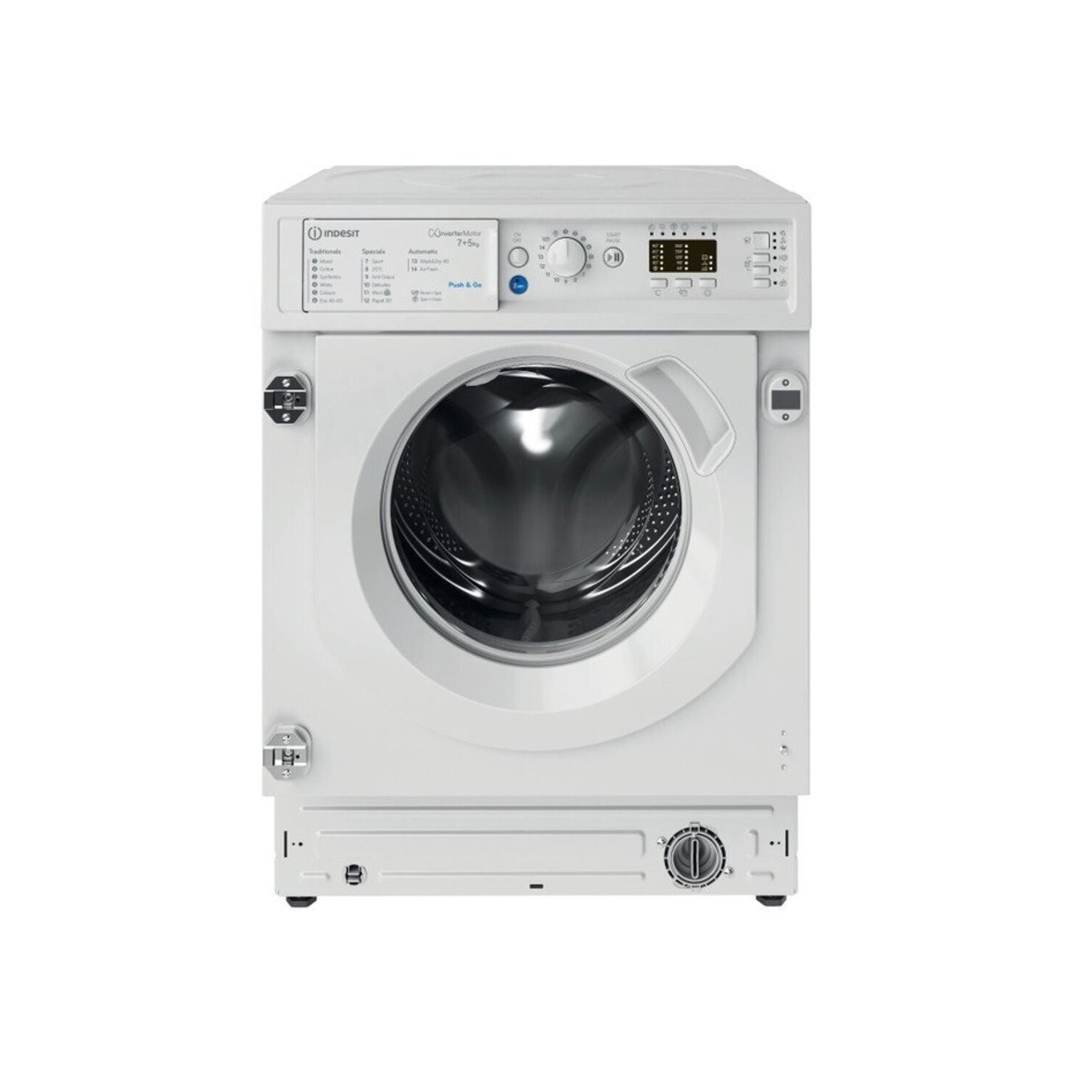 White integrated washer dryer with a circular glass door, control panel featuring buttons and a digital display, and a sleek, modern design.