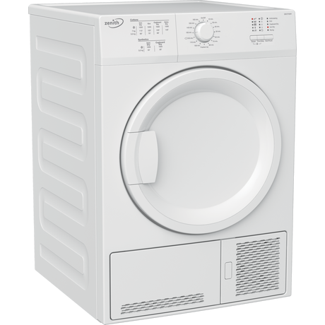 White Zenith ZDCT700W 7kg condenser dryer with a smooth finish, featuring a large front-loading door, control panel with dials and buttons, and a reverse delay start option.