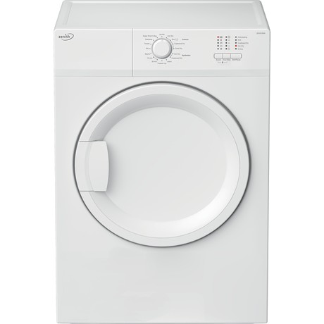 White 7kg vented tumble dryer by Zenith featuring a large circular door, control dial, and multiple settings displayed on the front panel.