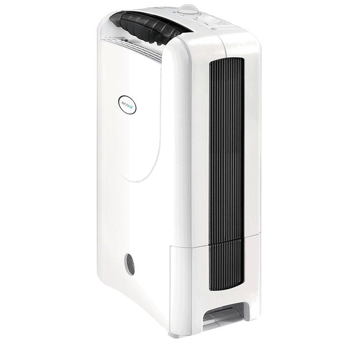 White EcoAir DD1 Simple MK3 desiccant dehumidifier with a sleek design, featuring a black front panel, a top handle, and a 7.5L capacity for efficient moisture removal.