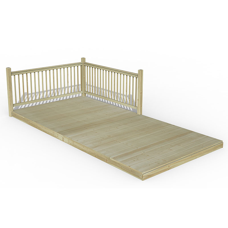 8' x 16' wooden patio deck kit with a smooth, natural finish, featuring a railing on one side and sturdy construction, ideal for outdoor spaces.