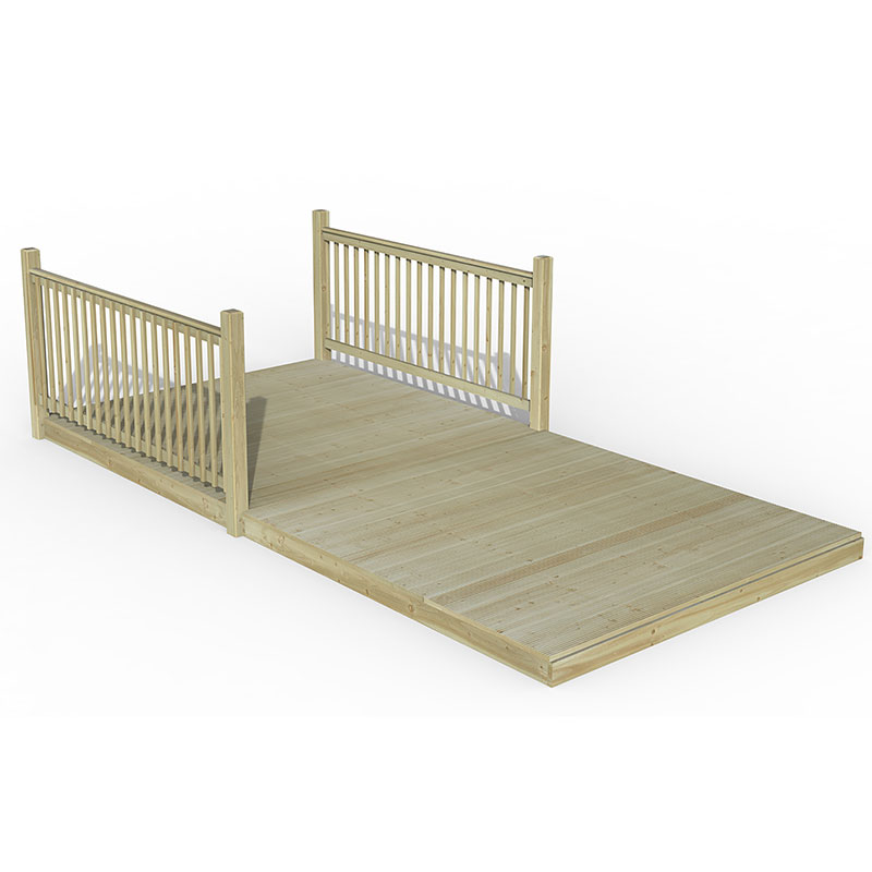 8' x 16' wooden patio deck kit featuring a smooth, light-colored timber surface with two vertical railings on either side, designed for outdoor use.