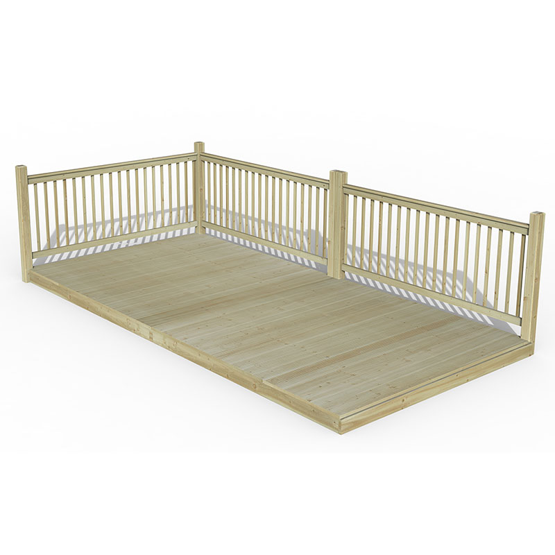 An 8' x 16' wooden patio deck kit featuring a natural wood finish, sturdy railings, and a spacious platform, ideal for outdoor use.