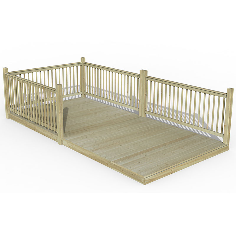 8' x 16' wooden patio deck kit featuring a smooth surface, sturdy railings, and a natural wood finish, ideal for outdoor spaces and easy assembly.