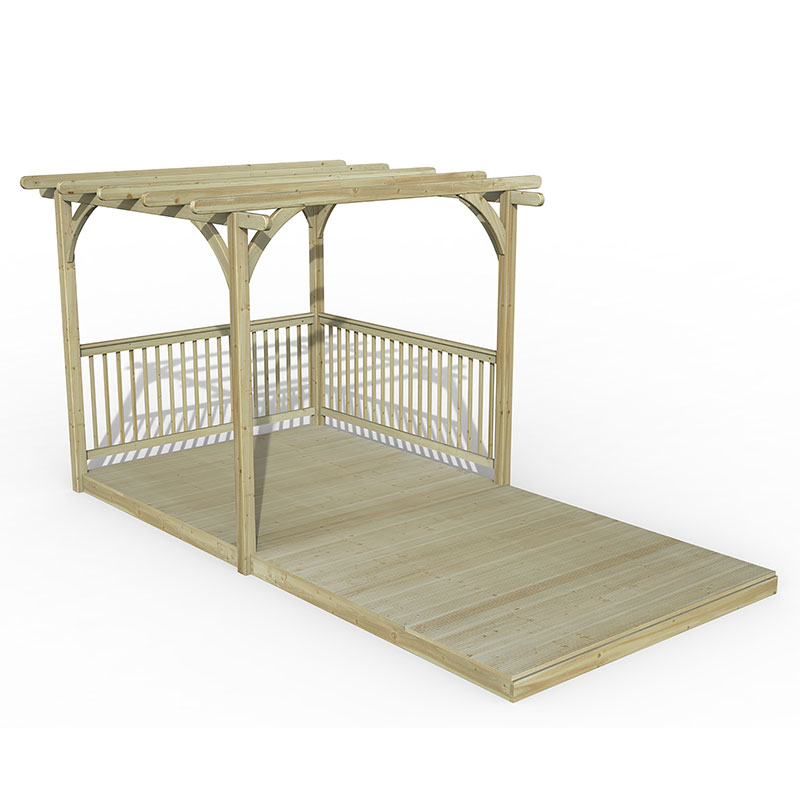 Light-colored wooden pergola deck kit with an open roof, featuring arched supports and a spacious platform, designed for outdoor use in gardens or patios.