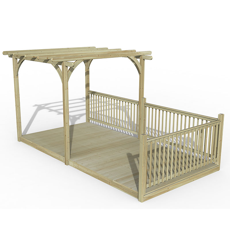 Lightwood pergola deck kit featuring a slatted roof, open design, and a surrounding railing, measuring 8' x 16' (2.4m x 4.8m), ideal for outdoor spaces.