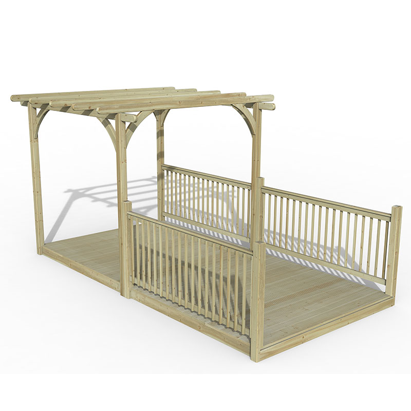 Light wood pergola deck kit measuring 8' x 16', featuring an open roof design, vertical slatted railing, and a spacious platform, ideal for outdoor spaces.