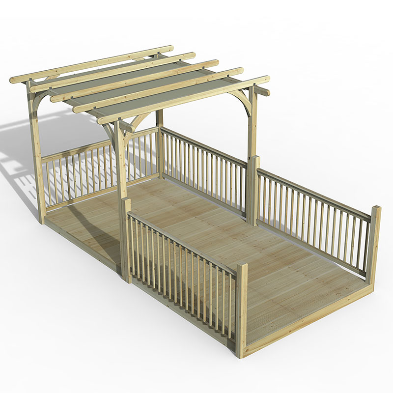8' x 16' wooden pergola deck kit with a natural wood finish, featuring a retractable canopy and railings, designed for outdoor spaces.