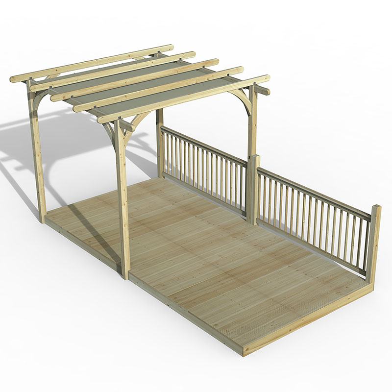8' x 16' wooden pergola deck kit featuring a natural wood finish, slatted roof, and retractable canopy, with a surrounding railing for added safety and style.