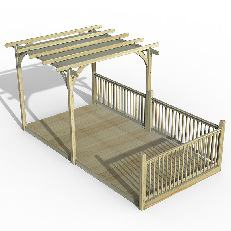 8' x 16' wooden pergola deck kit featuring a retractable canopy, light-colored timber frame, slatted roof, and surrounding railing for outdoor spaces.