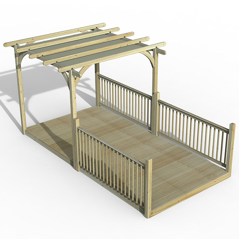 8' x 16' wooden pergola deck kit in natural wood finish, featuring a retractable canopy and surrounding railings, ideal for outdoor spaces.