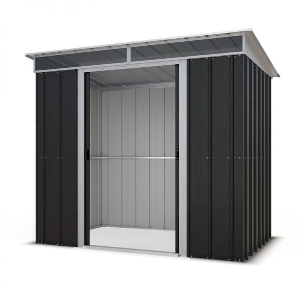 Black and silver metal shed with a pent roof, measuring 8' x 5', featuring double doors and a spacious interior, designed for outdoor storage.