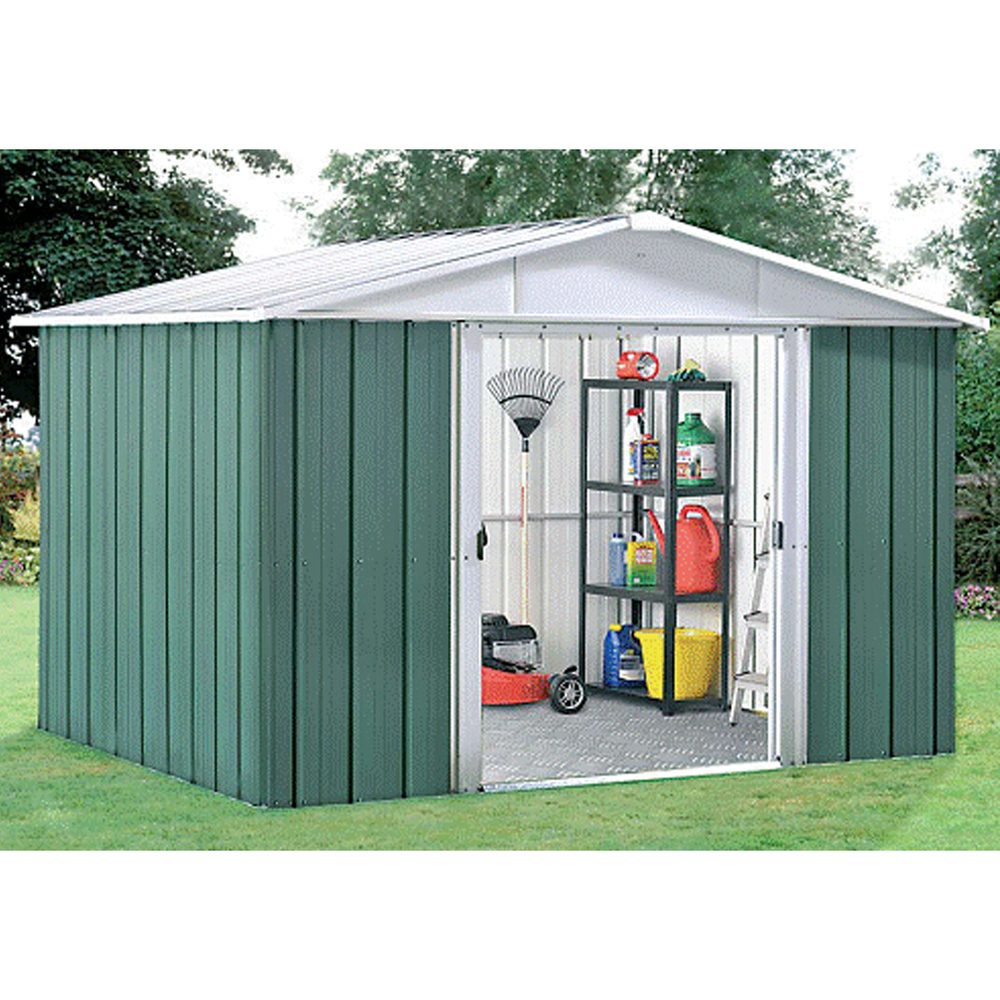 Green metal shed measuring 8' x 7', featuring vertical paneling, a white roof, double doors, and interior shelving with various storage items visible.