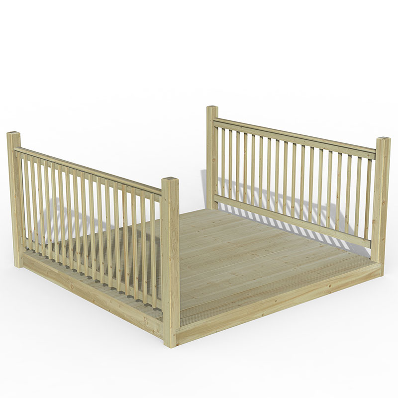 8' x 8' wooden patio deck kit in light-colored timber, featuring vertical slatted railings and a smooth, flat surface, ideal for outdoor spaces.