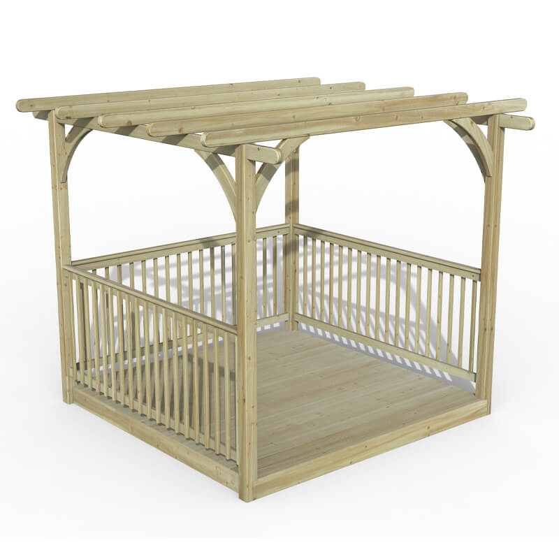 8' x 8' wooden pergola deck kit featuring a natural wood finish, slatted roof, and vertical balustrades, designed for outdoor spaces by Forest Garden.