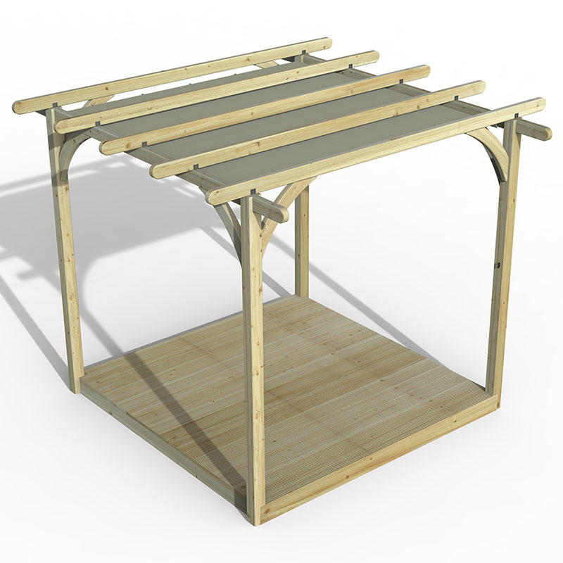 Light-colored wooden pergola deck kit with a square base, featuring a retractable gray canopy and open slats for sunlight, ideal for outdoor relaxation and shade.