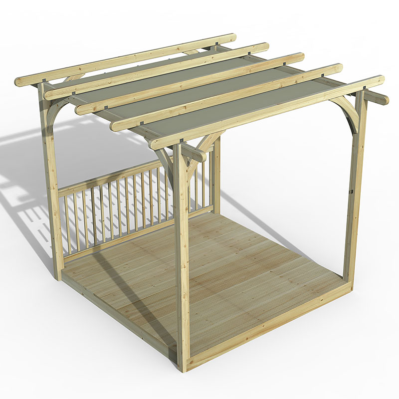 An 8' x 8' wooden pergola deck kit in natural wood finish, featuring a retractable grey canopy and open slatted roof, ideal for outdoor spaces.