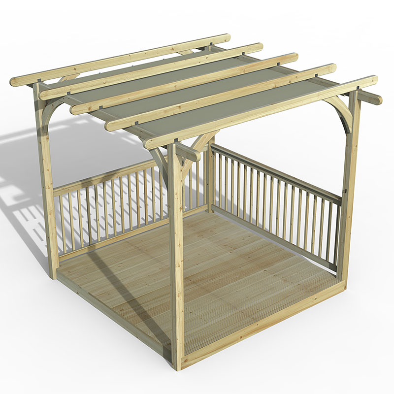 8' x 8' wooden pergola deck kit featuring a retractable canopy, light wood finish, open slatted roof, and a railing on two sides, ideal for outdoor spaces.