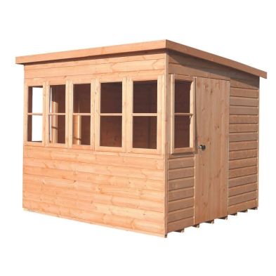 8' X 8' wooden garden potting shed with a pent roof, featuring large windows and a side door, made from natural timber with a smooth finish.