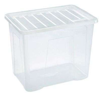 Clear plastic storage box with a silver lid, featuring a sturdy design, slotted top for ventilation, and an extra-large 80L capacity, ideal for organizing items.