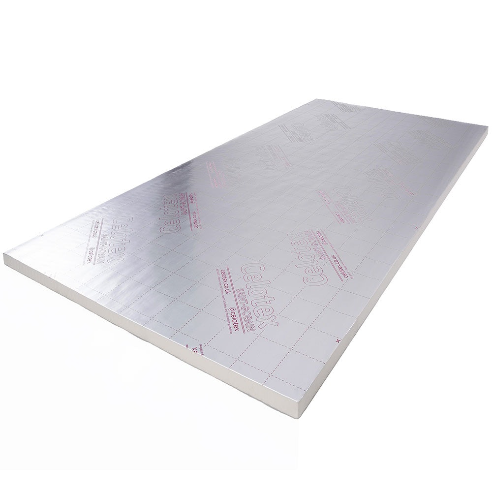 Celotex GA4000 insulation board, measuring 80mm x 2400mm x 1200mm, features a reflective silver foil surface with marked grid lines for easy cutting.
