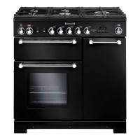 Black 90cm dual fuel range cooker with five gas burners, chrome knobs, and two ovens, featuring a glass window and stainless steel accents.