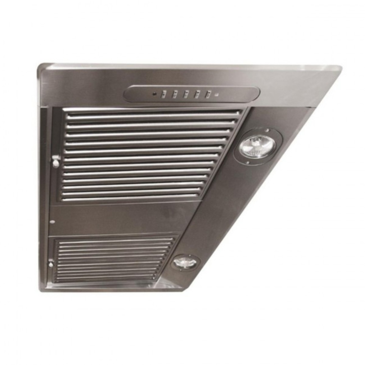 Stainless steel 720mm built-in extractor with a sleek design, featuring horizontal slats, control buttons, and integrated lighting for efficient kitchen ventilation.