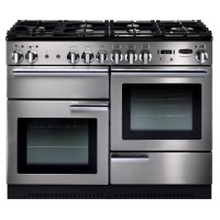 Stainless steel Rangemaster PROP110DFFSSC dual fuel range cooker featuring two ovens, five gas burners, and chrome control knobs, designed for professional cooking.