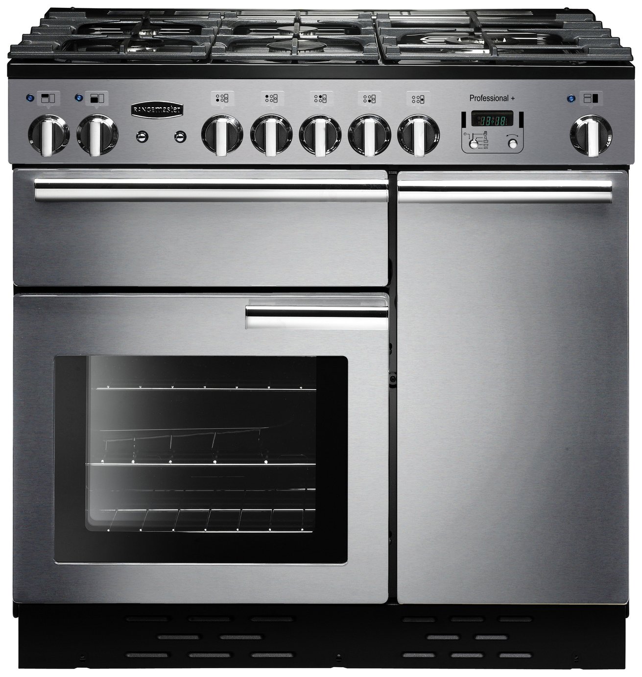 Stainless steel Rangemaster PROP90DFFSSC Professional Plus 90cm dual fuel range cooker with five gas burners, chrome knobs, and a large glass oven door.