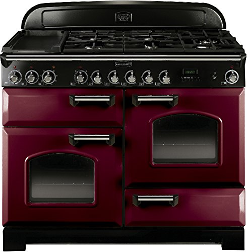 Classic 110cm dual fuel range cooker in cranberry with chrome trim, featuring four gas burners, a griddle, and two ovens with glass doors.