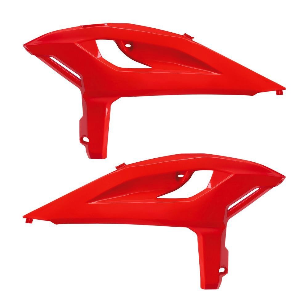 Bright red plastic radiator scoops designed for Beta 125-300 RR & X-Pro, 350-480 RR & X-Pro models from 2025-2026, featuring a sleek, aerodynamic shape and vent openings.