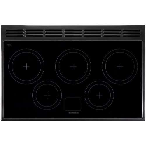 Stainless steel 90cm electric induction range cooker featuring five induction cooking zones, a sleek black glass top, and a modern design with control knobs.