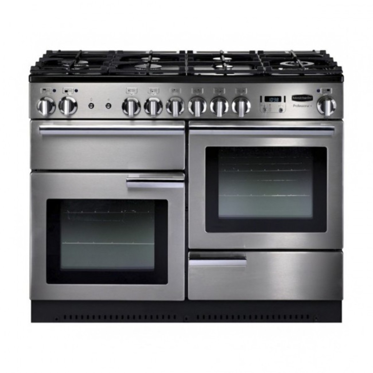 Stainless steel Rangemaster PROP110NGFSSC Professional Plus 110cm gas range cooker featuring six burners, two ovens, and a sleek control panel with chrome knobs.