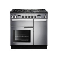 90cm wide Rangemaster Professional Plus gas range cooker in stainless steel, featuring multiple gas burners, a large oven with a glass door, and sleek control knobs.