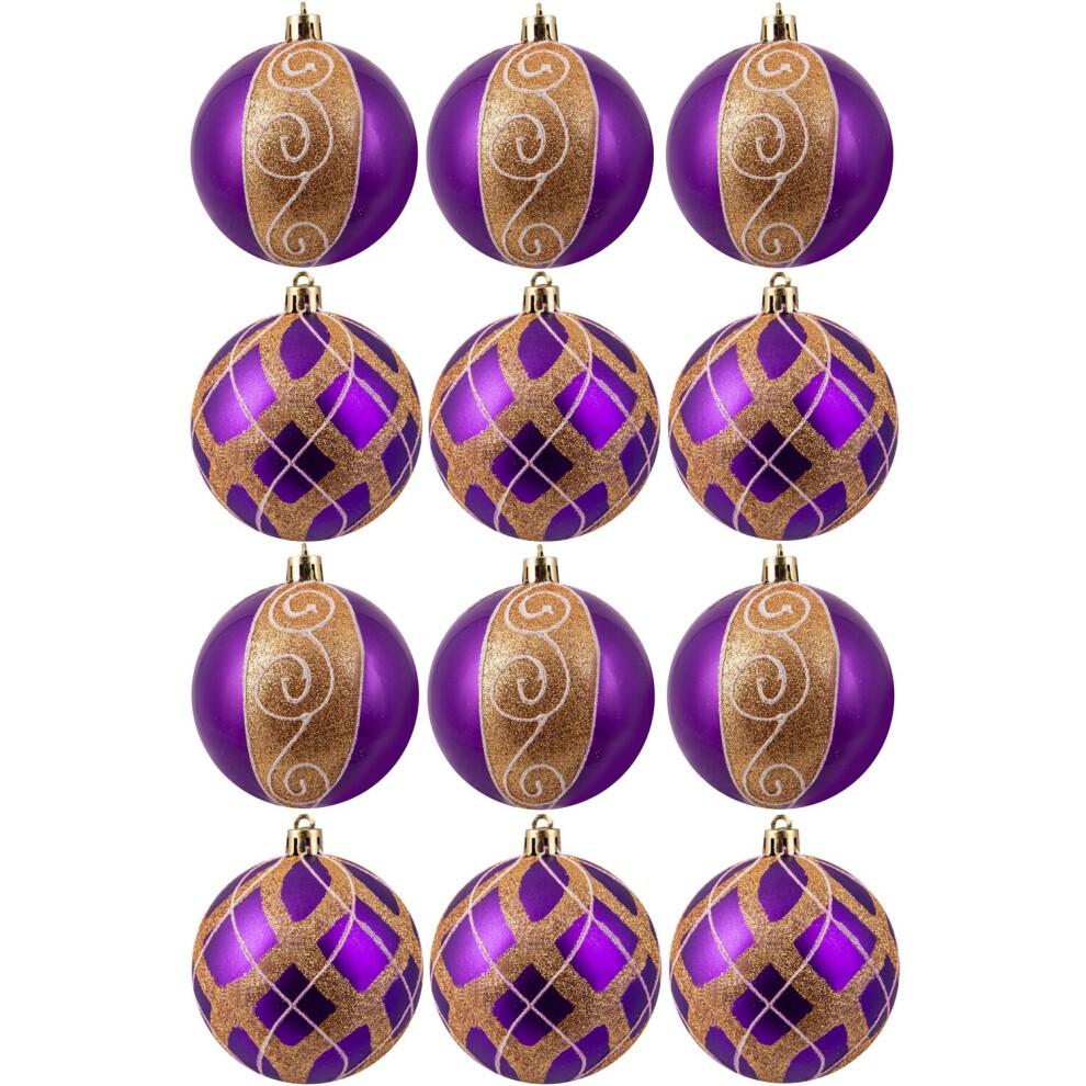 Hand-painted shatterproof baubles in purple and gold, featuring swirling and diamond patterns, arranged in a 12-pack with a glossy finish.