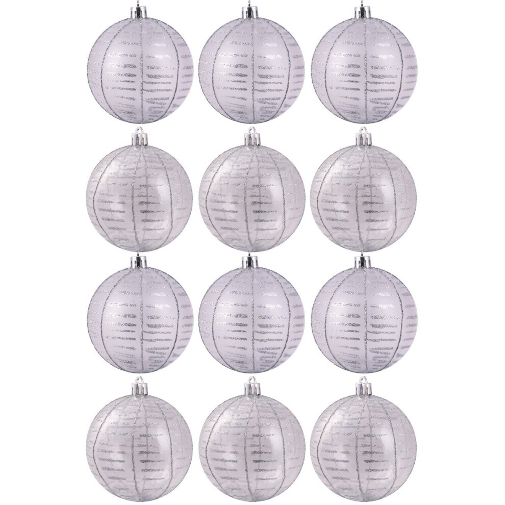 Hand-painted shatterproof baubles in a 12-pack, featuring a translucent silver finish with delicate stripes, ideal for festive decorations.