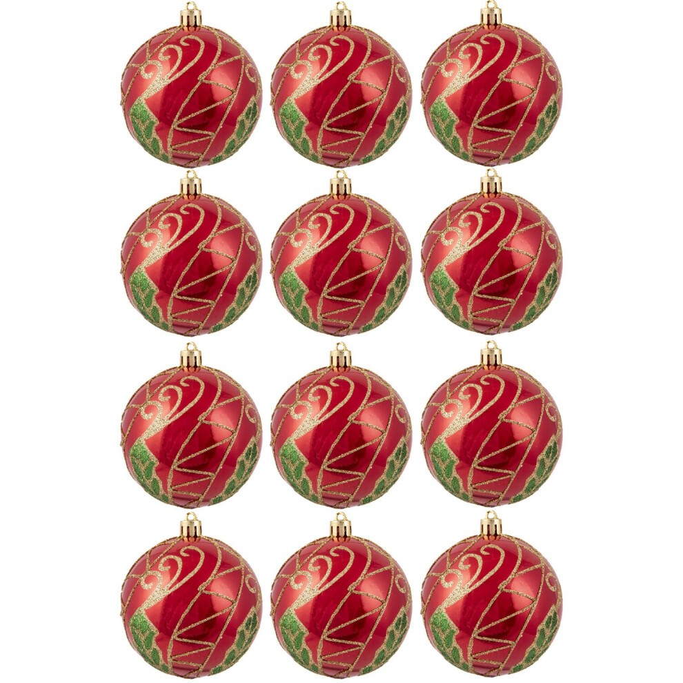 Hand-painted shatterproof baubles in red with green accents and gold swirls, featuring a glossy finish, available in a pack of 9 to 12.