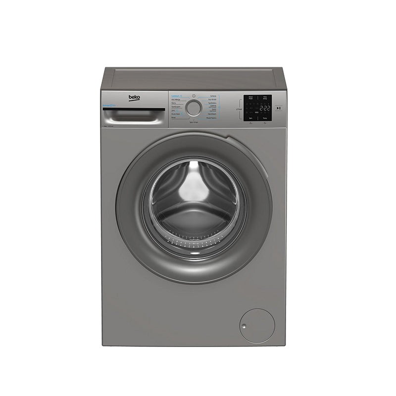 Silver Beko BMN3WT3841S washing machine with an 8kg capacity, 1400 RPM spin speed, digital display, and control panel featuring various wash settings.