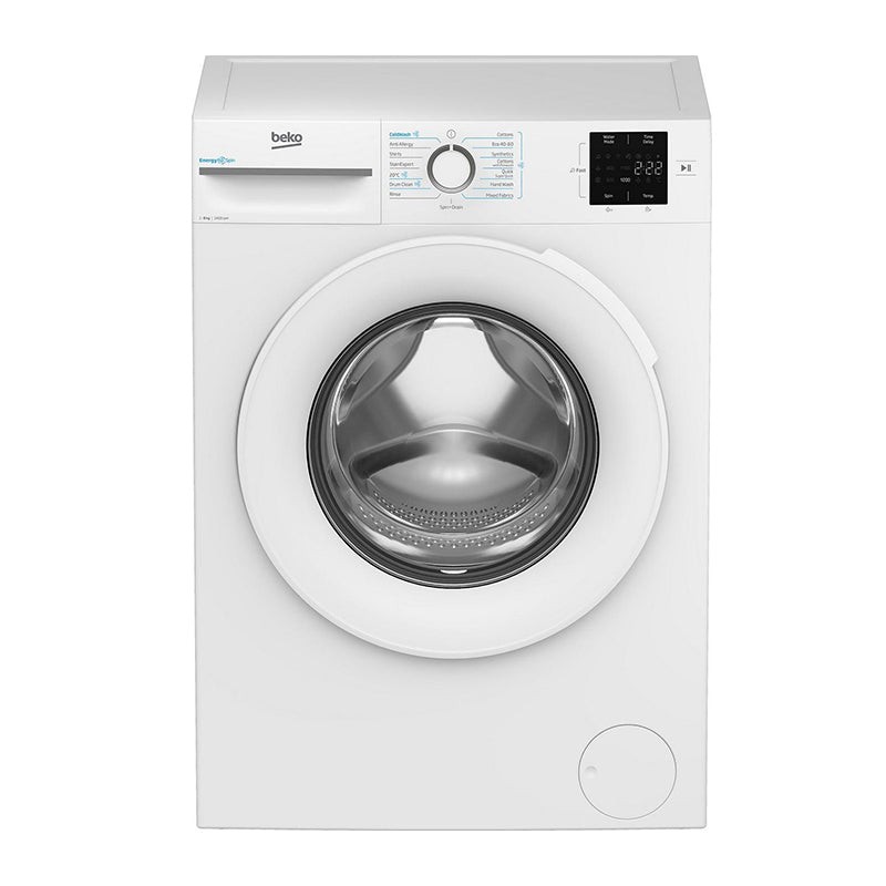 Beko BMN3WT3841W washing machine in white, featuring an 8kg capacity, 1400 RPM spin speed, a large front-loading door, and a digital control panel with various settings.
