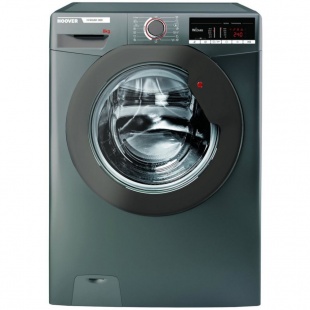 Graphite-colored Hoover washing machine with an 8kg capacity, 1500 RPM spin speed, and NFC connection, featuring a large front-loading door and control panel with digital display.