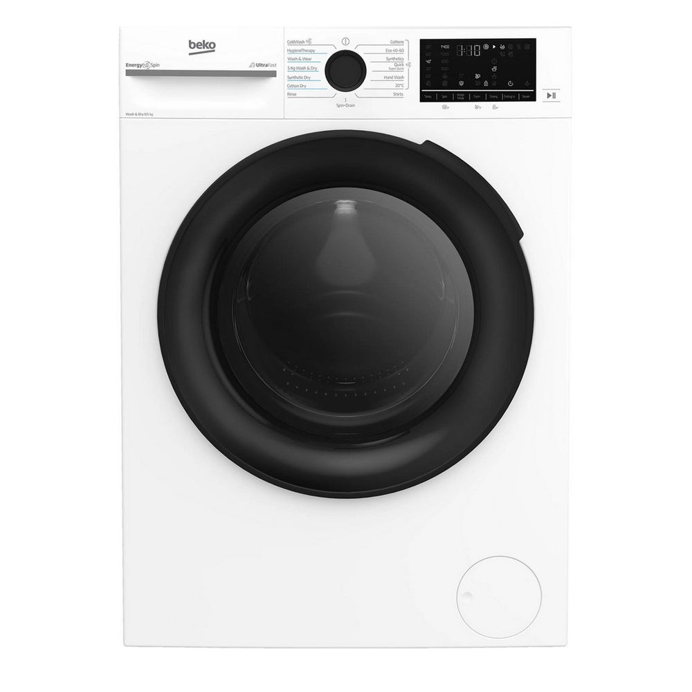 Beko BMND8545UW freestanding washer dryer in white with a large black door, digital control panel, and a capacity of 8kg washing and 5kg drying, featuring a 1400 RPM spin speed.