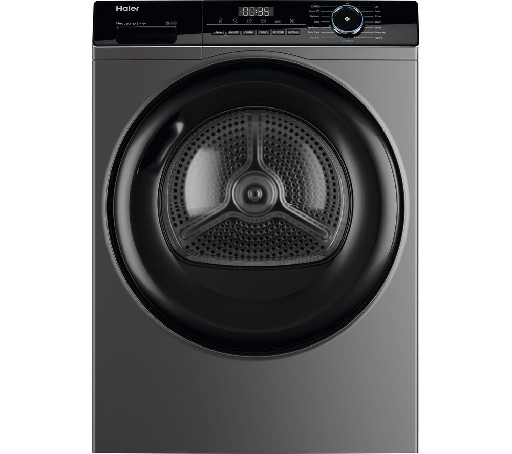 Haier HD80 A2939R I Pro Series 3 heat pump condenser dryer in graphite gray, featuring a large front-loading door, digital display, and control dial.