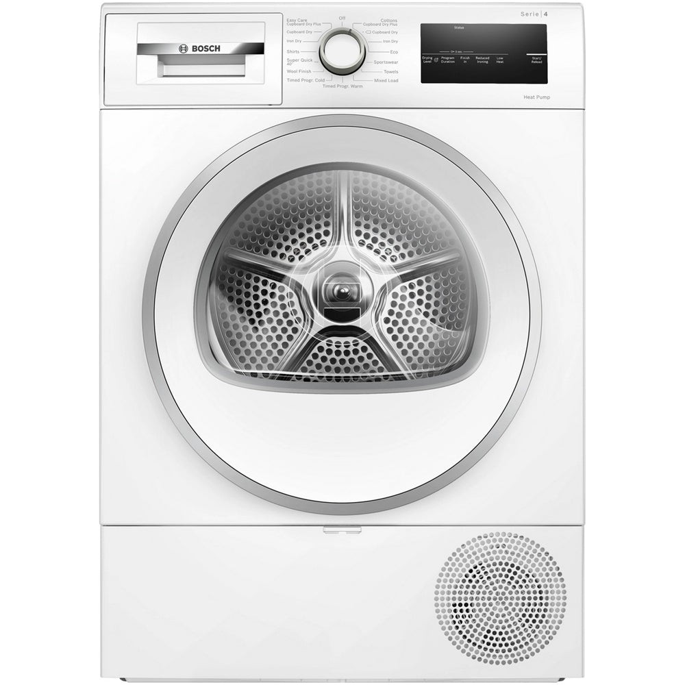 Bosch 8kg heat pump tumble dryer in white, featuring a large transparent door, control dial, digital display, and vent at the bottom for efficient drying.