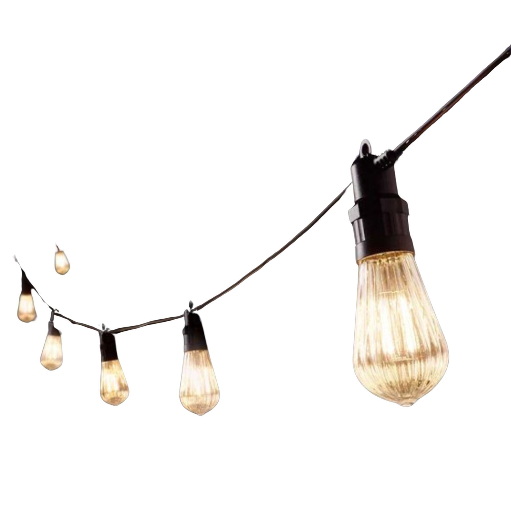 Connectable fluted festoon string lights featuring warm white LEDs, with a black wire and clear bulb covers, ideal for outdoor or indoor decoration.