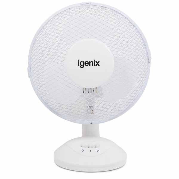 White 9-inch portable desktop fan with a mesh grille, adjustable speed settings, and a sturdy base, designed for bedside or desk use.
