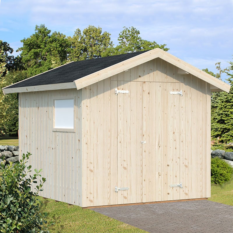 Heavy-duty wooden apex shed with a natural wood finish, black roof, double doors, and a side window, set against a garden backdrop.