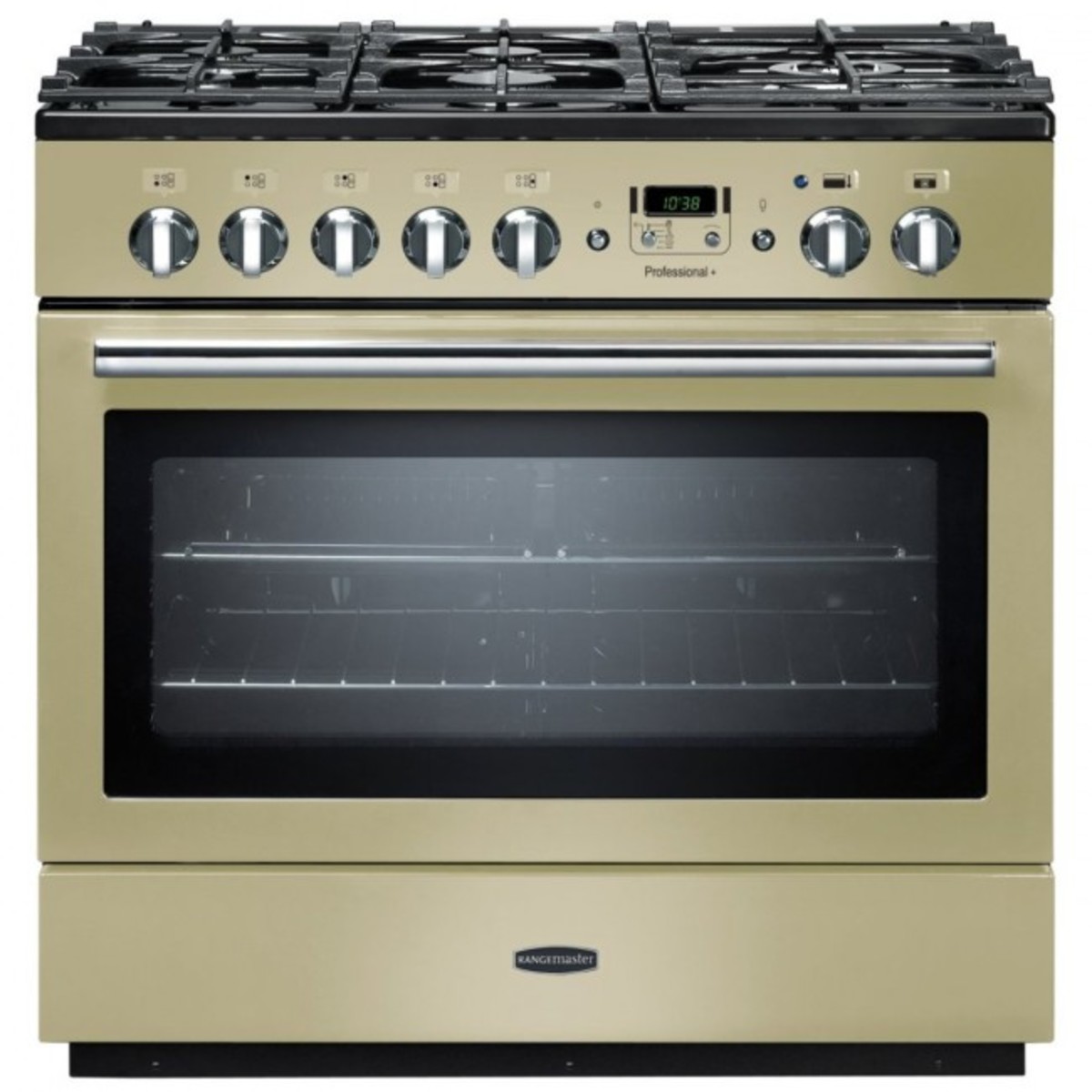 Cream dual fuel range cooker with chrome trim, featuring five gas burners, a digital display, and a large glass oven door for easy viewing.