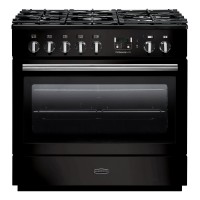 Black dual fuel range cooker with chrome trim, featuring five gas burners, control knobs, and a large oven window for easy viewing.