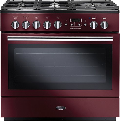 Cranberry-colored 90cm dual fuel range cooker with chrome trim, featuring five gas burners, a large oven window, and stainless steel knobs for precise control.